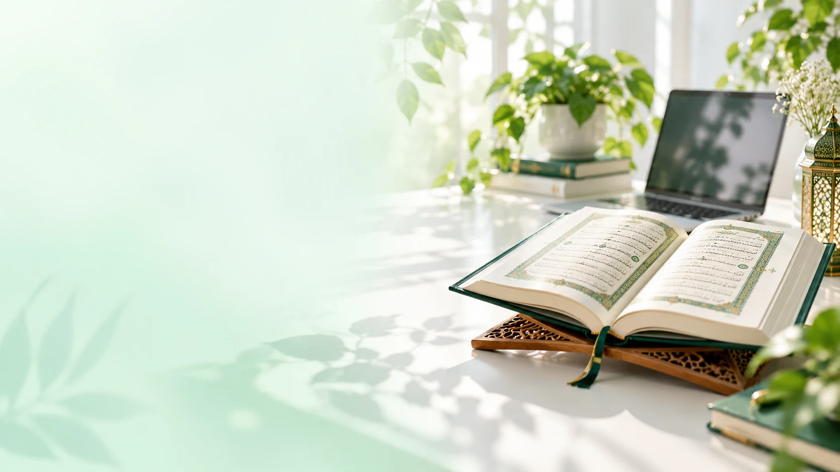 An open Qur’an in a bright home learning space